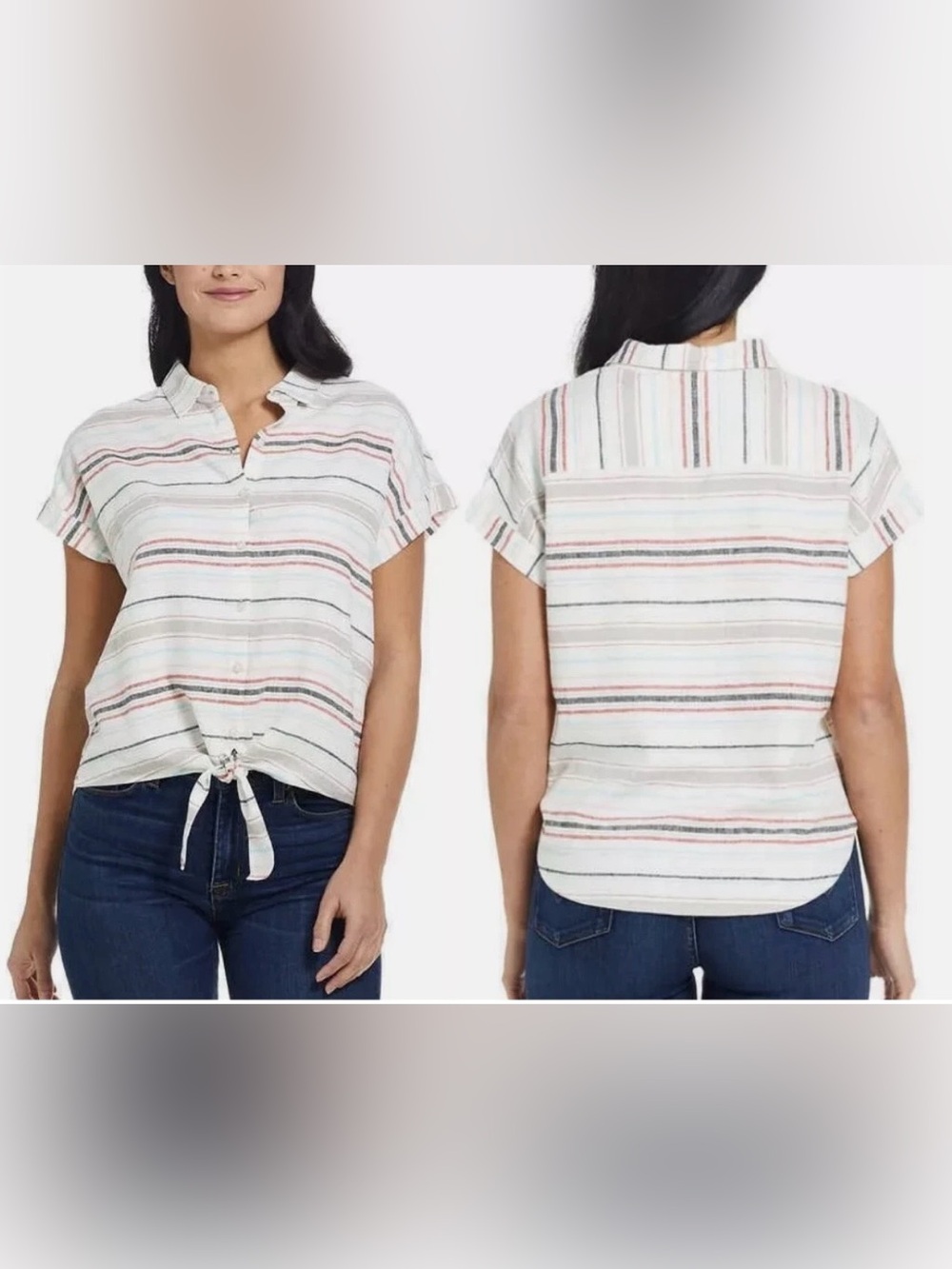 Weatherproof Vintage Linen Blend Tie Front Top Shirt Women’s XL Striped